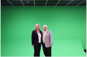 Pictured in the Gulf Park Campus film roomare Dr. Shannon Campbell (left), who serves
as Senior Associate Vice President for Coastal
Operations, and USM President Dr. Joseph
Paul (right).