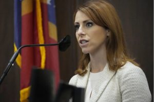 Mandy Gunasekara, a Republican candidate on the primary ballot for the Northern District Public Service Commissioner post, answers questions regarding a residency challenge in Hinds County Circuit Court, Wednesday, March 22, 2023, in Jackson, Miss. (AP Photo/Rogelio V. Solis)