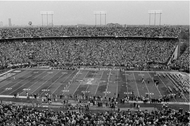 Crowds at the 1970 Super Bowl watch the half-time entertainment on January 11, 1970, at Tulane Stadium in New Orleans. (AP Photo)