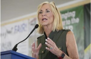 Mississippi Republican Attorney General Lynn Fitch addresses the crowd at the Neshoba County Fair in Philadelphia, Miss., Wednesday, July 26, 2023. Fitch seeks reelection in November. (AP Photo/Rogelio V. Solis)