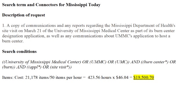 The Mississippi Department of Health tried to charge Mississippi Today nearly $20,000 for communications and reports related to its site visit to the University of Mississippi Medical Center's prospective burn center.