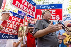 Gov. Tate Reeves speaks to media during the 2023 Neshoba County Fair in Philadelphia, Miss., Thursday, July 27, 2023.