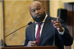 State Rep. Cheikh Taylor, D-Starkville, argues against legislation that would limit how race can be taught in schools and universities on March 3, 2022, in the House Chamber at the Mississippi Capitol in Jackson. (AP Photo/Rogelio V. Solis)