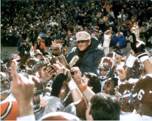 Bear Bryant gets a victory ride after the last game of his remarkable coaching career in December, 1982. (Photo courtesy University of Alabama)