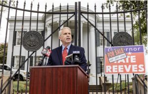 Democratic gubernatorial candidate Brandon Presley speaks about Gov. Tate Reeves' involvement in the state's welfare scandal during a press conference in front of the Governor's Mansion in Jackson on Monday, Aug. 28, 2023. Credit: Eric Shelton/Mississippi Today