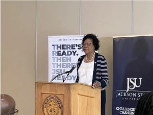 Elayne Hayes-Anthony said at a press conference on Monday, March 6, that she has no timetable as temporary acting president at Jackson State University. Credit: Molly Minta/Mississippi Today