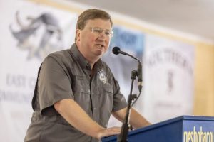 Gov. Tate Reeves speaks during the 2023 Neshoba County Fair in Philadelphia, Miss., Thursday, July 27, 2023. Credit: Eric Shelton/Mississippi Toda