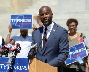 Ty Pinkins speaks to the media after he is introduced as the Democratic candidate for Secretary of State, during a press conference held on the south steps of the State Capitol, Thursday, Sept.7, 2023. Credit: Vickie D. King/Mississippi Today