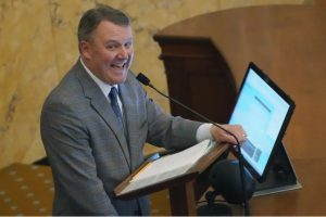 Speaker Pro Tempore Jason White, R-West, calls out the vote count of a bill in the House Chamber at the Mississippi Capitol in Jackson, Wednesday, Feb. 1, 2023. (AP Photo/Rogelio V. Solis)