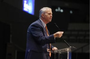 Democratic gubernatorial candidate Brandon Presley speaks during Mississippi Economic Council’s 2023 Hobnob at the Mississippi Coliseum in Jackson, Miss., Thursday, Oct. 26, 2023. Credit: Eric J. Shelton/Mississippi Today