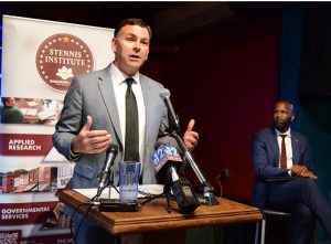 Incumbent Secretary of State Michael Watson discusses his record in office and Democratic challenger Ty Pinkins reacts during the Stennis Capitol Press Luncheon held at Hal & Mal's on Monday, Oct. 2, 2023. Credit: Vickie D. King/Mississippi Today