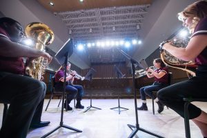 MSU's Student Brass Quartet rehearses in the university's Music Building. MSU now offers a Bachelor of Music in Performance degree with concentrations in guitar, instrumental, keyboard and vocal. (Photo by Megan Bean)