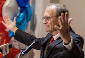 Lt. Gov. Delbert Hosemann smiles as he speaks to his supporters during his primary election party at River Hills Club in Jackson, Miss., Tuesday, Aug. 8, 2023. Credit: Eric Shelton/Mississippi Today